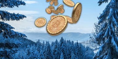 Illustration av bitcoin-mynt som faller över ett snötäckt landskap, symboliserar kryptovintern.