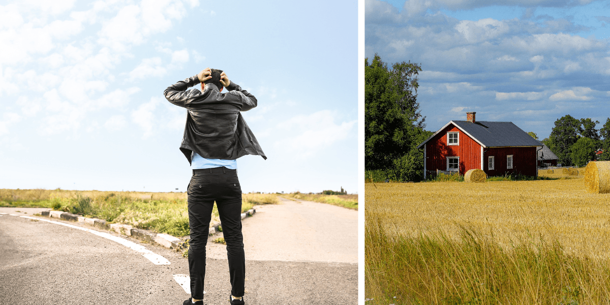 Person står vid ett vägskäl på landet, blickar framåt. Bredvid syns ett rött fritidshus – en symbol för ett sparmål.